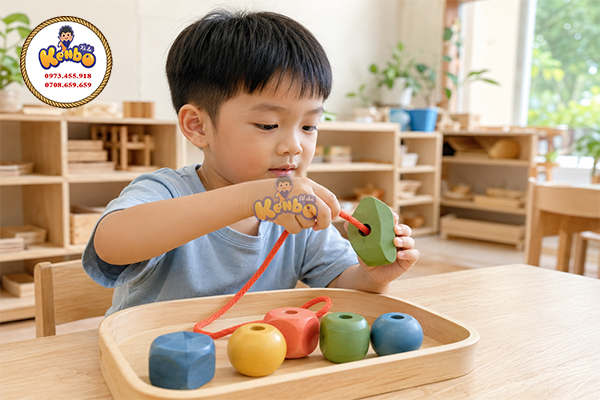 Trẻ thực hiện hoạt động phối hợp tay – mắt như luồn dây, xâu hạt hoặc dán sticker.